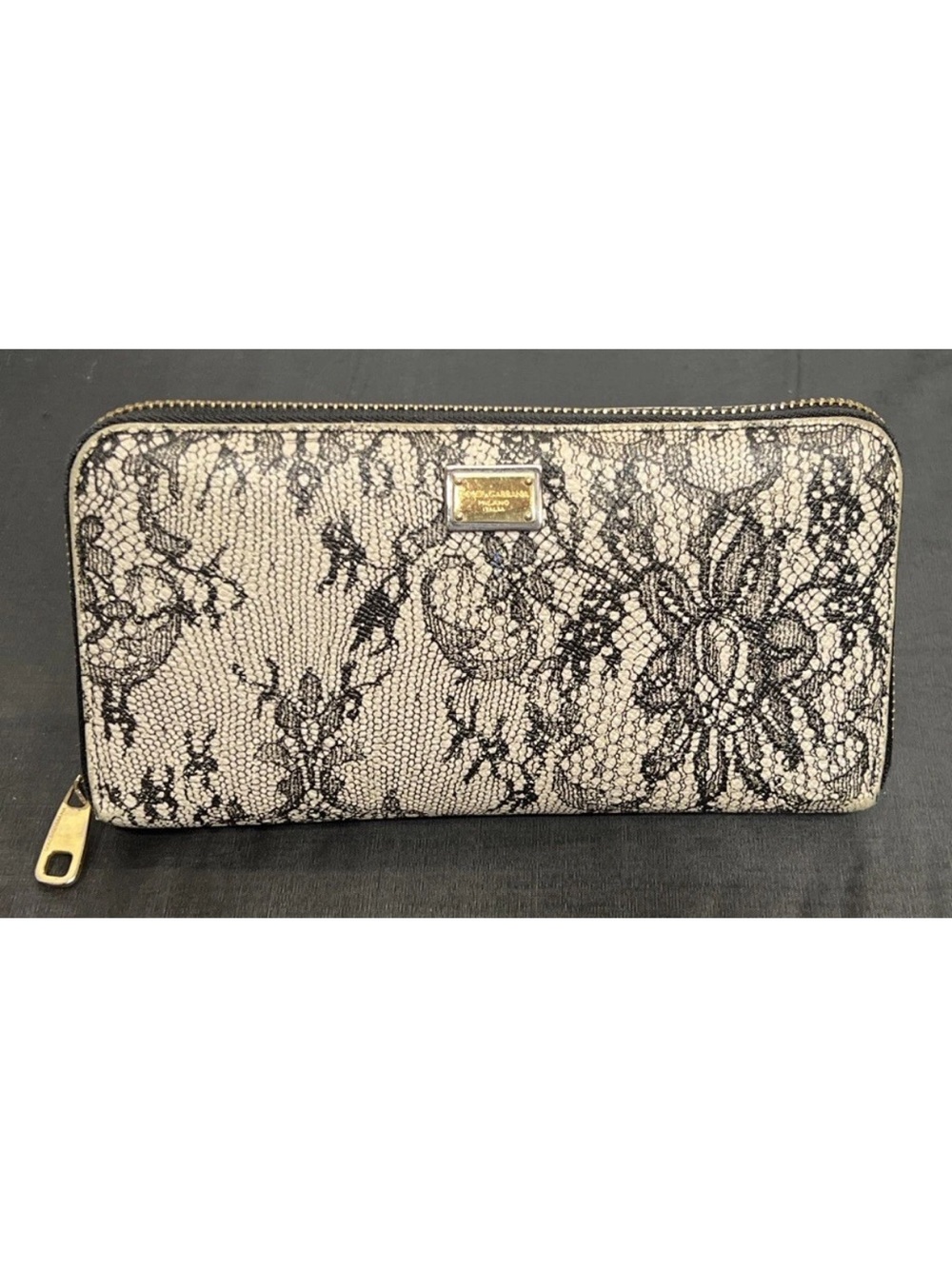 Dolce & Gabbana Black and White Lace Print Leather Zip-Around Wallet